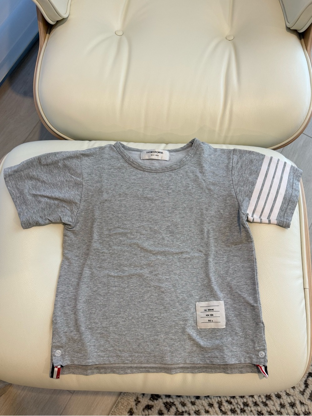 Thom Browne Gray Short Sleeve Kids Tee with White Sleeve Stripes